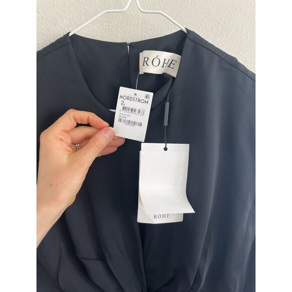 ROHE Draped Column black Maxi Dress 38 US 6 Women’s Long Midi Short Sleeve Flaw - Picture 8 of 10